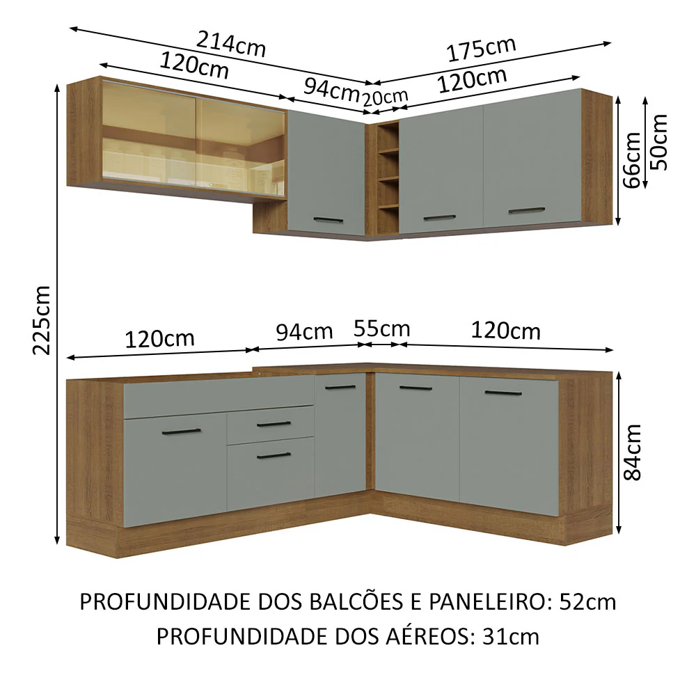 Armário de Cozinha Completa de Canto 389cm Rustic Cinza Agata Madesa 01 - Image 3