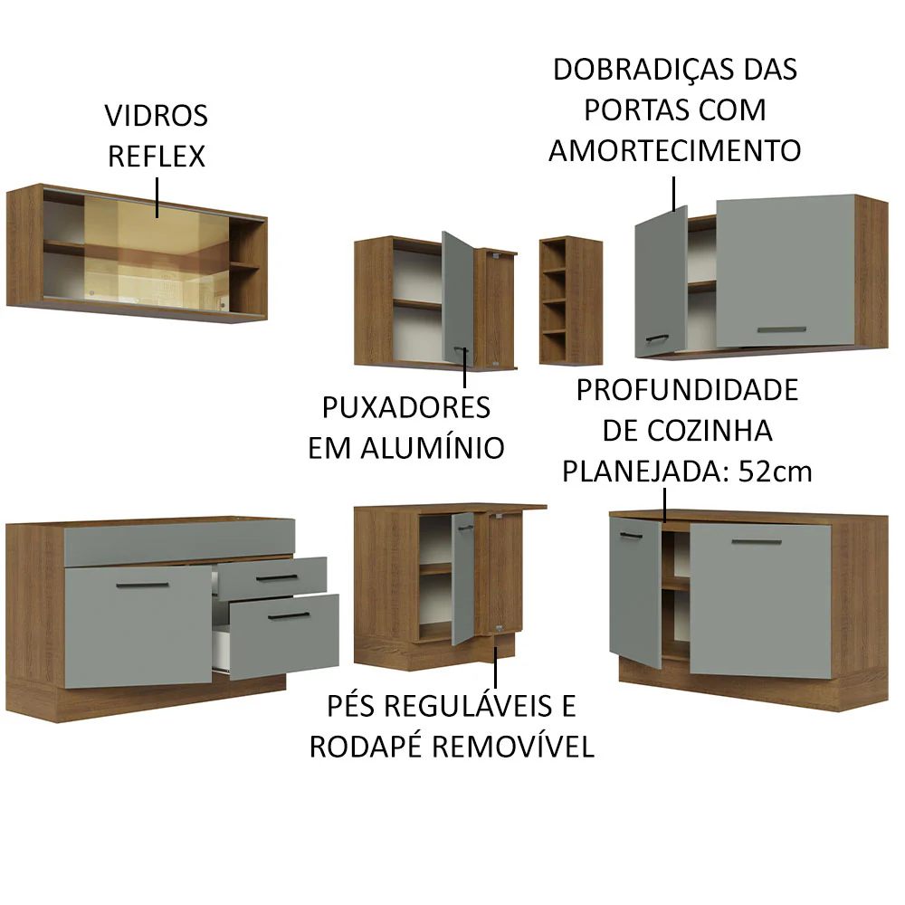 Armário de Cozinha Completa de Canto 389cm Rustic Cinza Agata Madesa 01 - Image 4