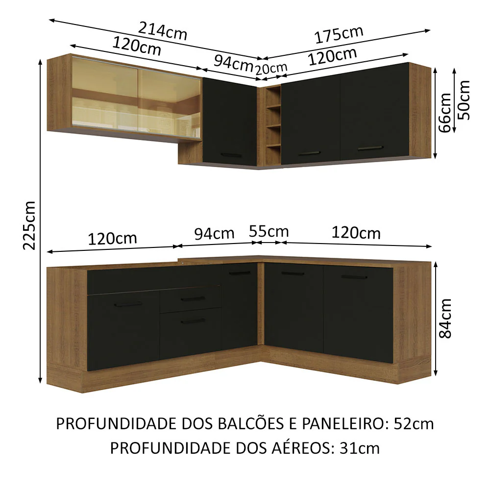 Armário de Cozinha Completa de Canto 389cm Rustic Preto Agata Madesa 01 - Image 3