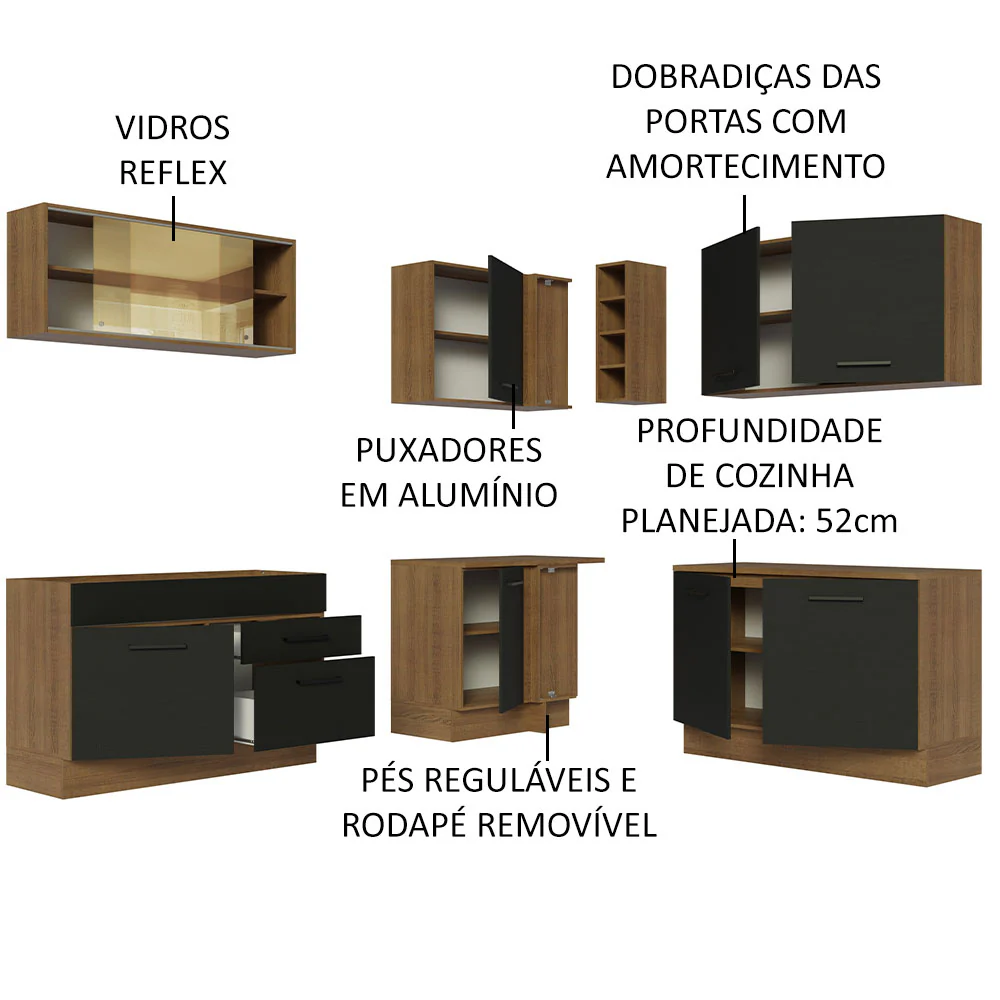 Armário de Cozinha Completa de Canto 389cm Rustic Preto Agata Madesa 01 - Image 4