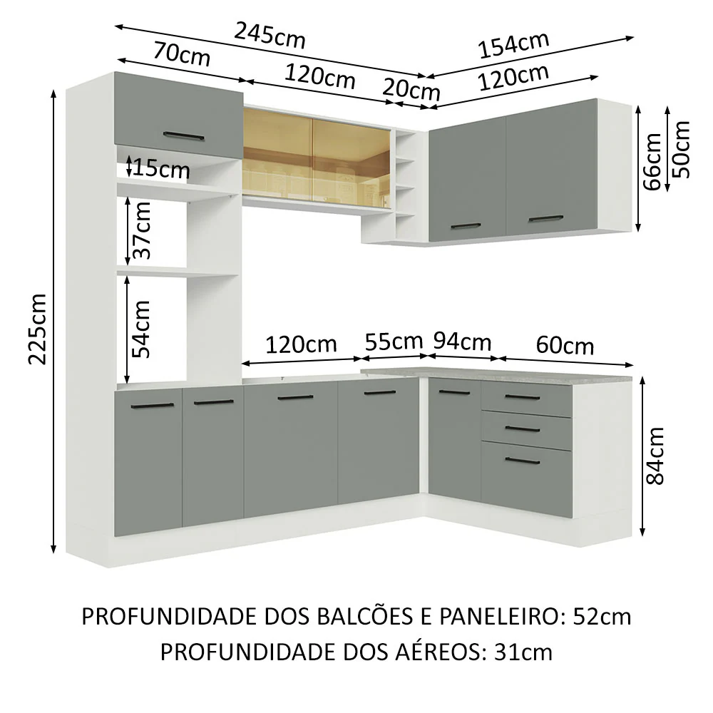 Armário de Cozinha Completa de Canto 399cm Branco Cinza Agata Madesa 01 - Image 3