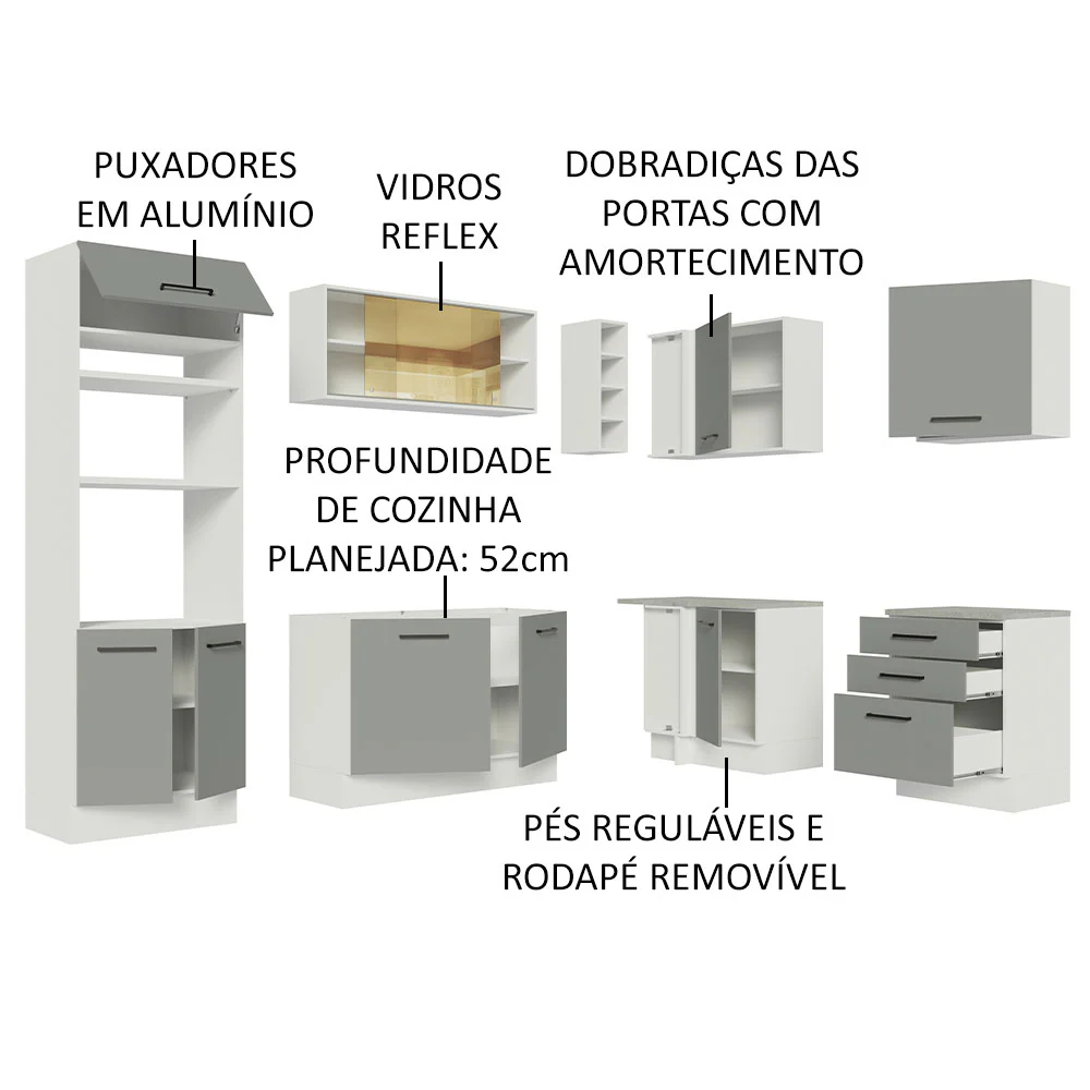 Armário de Cozinha Completa de Canto 399cm Branco Cinza Agata Madesa 01 - Image 4