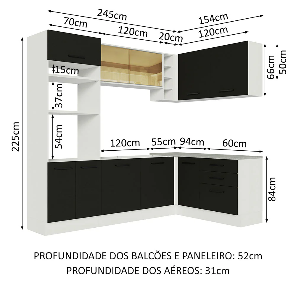 Armário de Cozinha Completa de Canto 399cm Branco Preto Agata Madesa 01 - Image 3