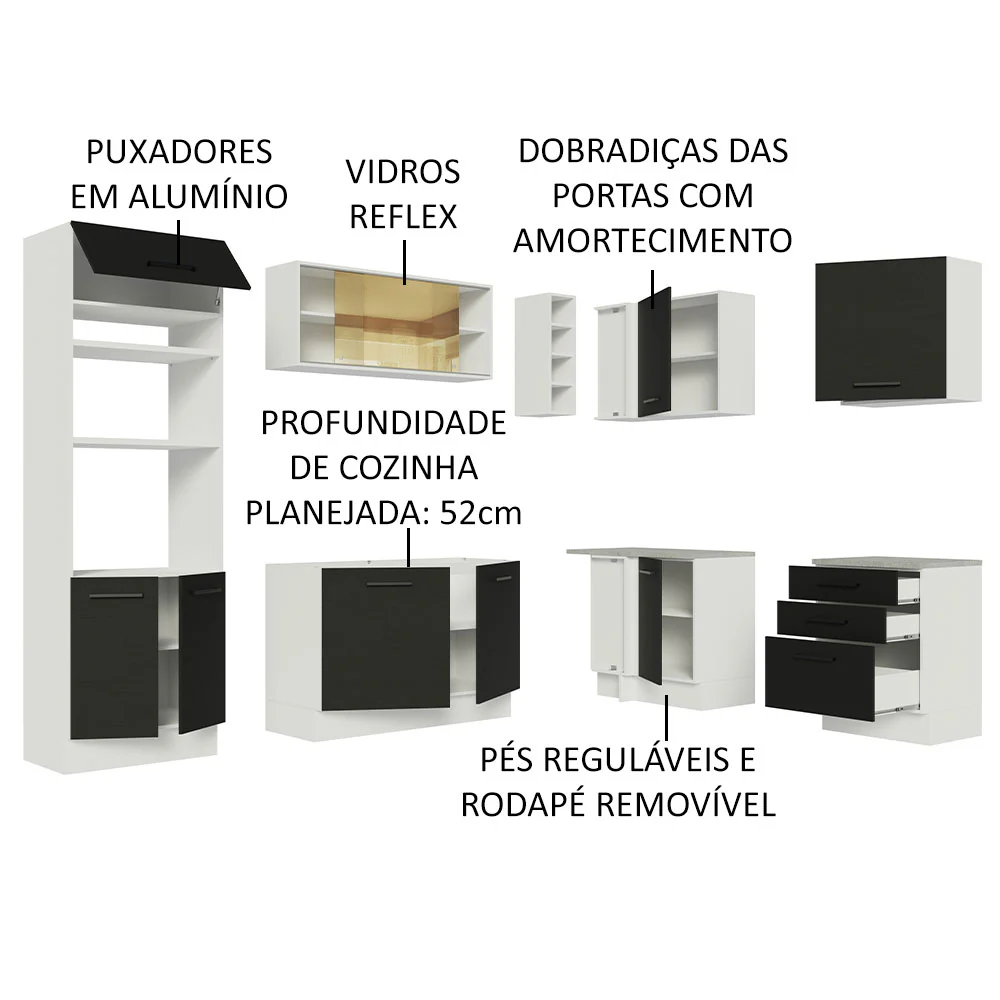 Armário de Cozinha Completa de Canto 399cm Branco Preto Agata Madesa 01 - Image 4