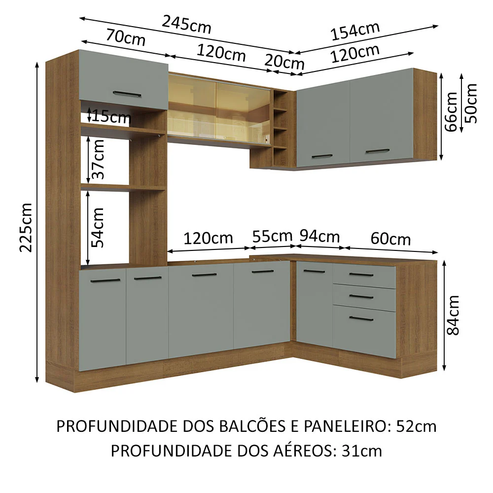 Armário de Cozinha Completa de Canto 399cm Rustic Cinza Agata Madesa 01 - Image 3