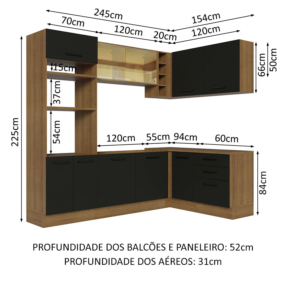 Armário de Cozinha Completa de Canto 399cm Rustic Preto Agata Madesa 01 - Image 3