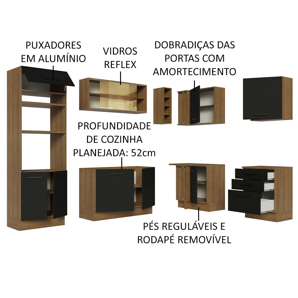 Armário de Cozinha Completa de Canto 399cm Rustic Preto Agata Madesa 01 - Image 4