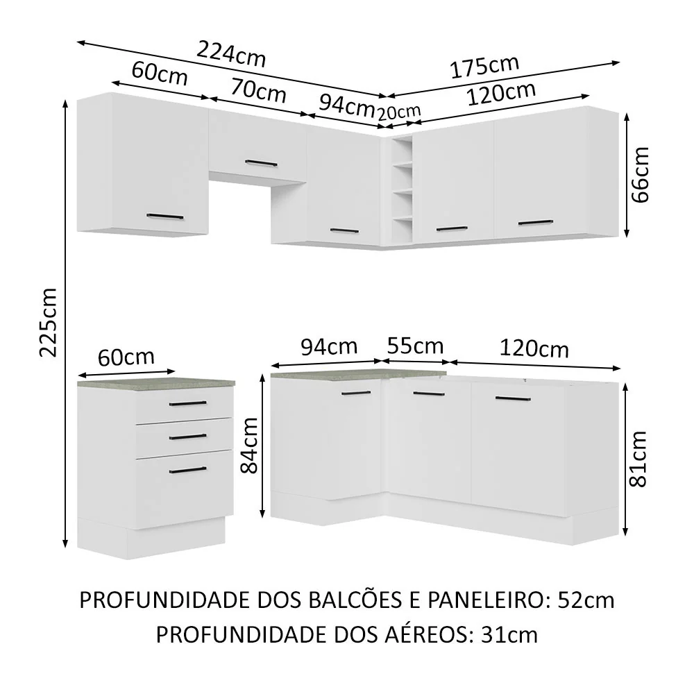 Armário de Cozinha Completa de Canto 399cm Branco Agata Madesa 02 - Image 3