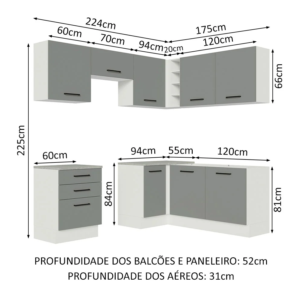 Armário de Cozinha Completa de Canto 399cm Branco Cinza Agata Madesa 02 - Image 3