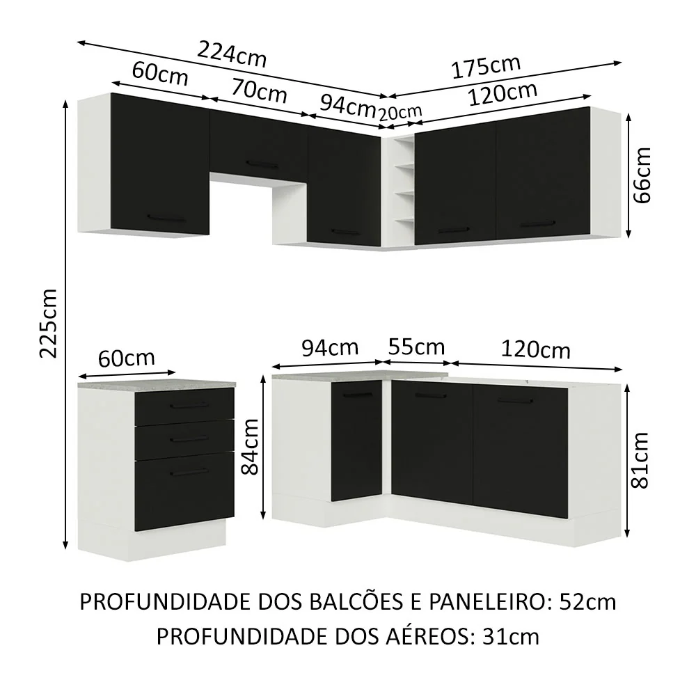 Armário de Cozinha Completa de Canto 399cm Branco Preto Agata Madesa 02 - Image 3