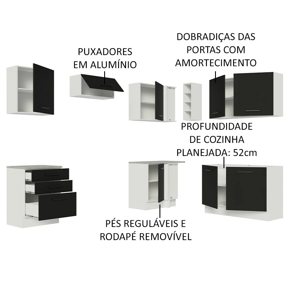 Armário de Cozinha Completa de Canto 399cm Branco Preto Agata Madesa 02 - Image 4