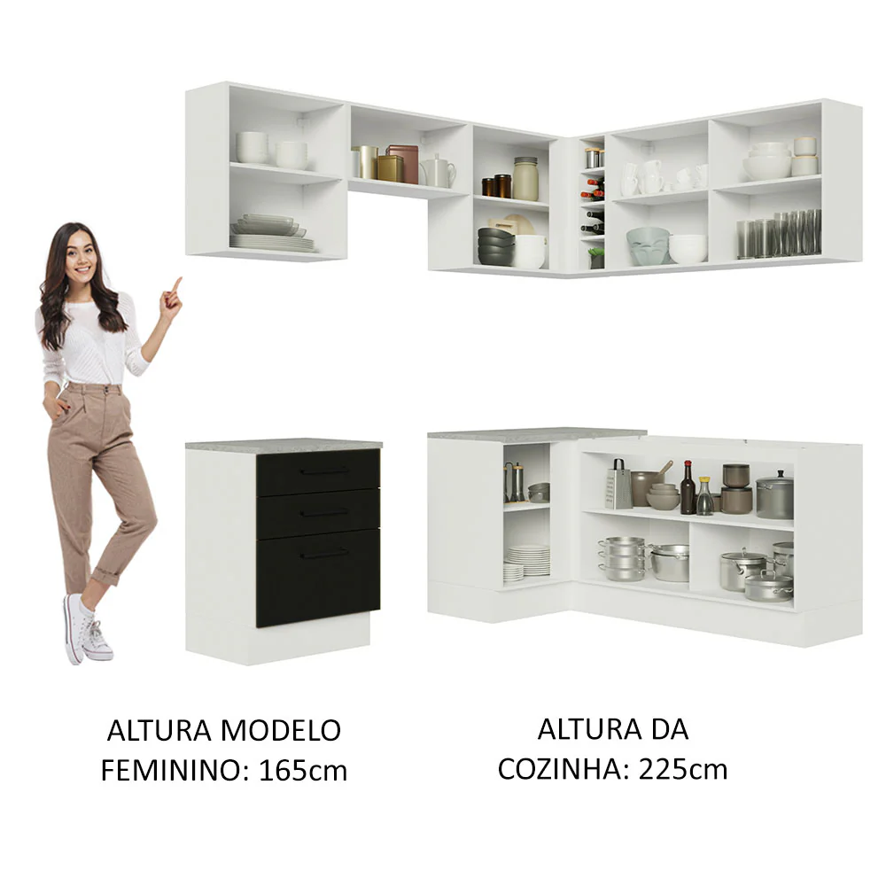 Armário de Cozinha Completa de Canto 399cm Branco Preto Agata Madesa 02 - Image 5