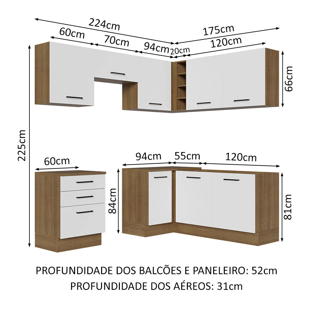 Armário de Cozinha Completa de Canto 399cm Rustic Branco Agata Madesa 02 - Image 3
