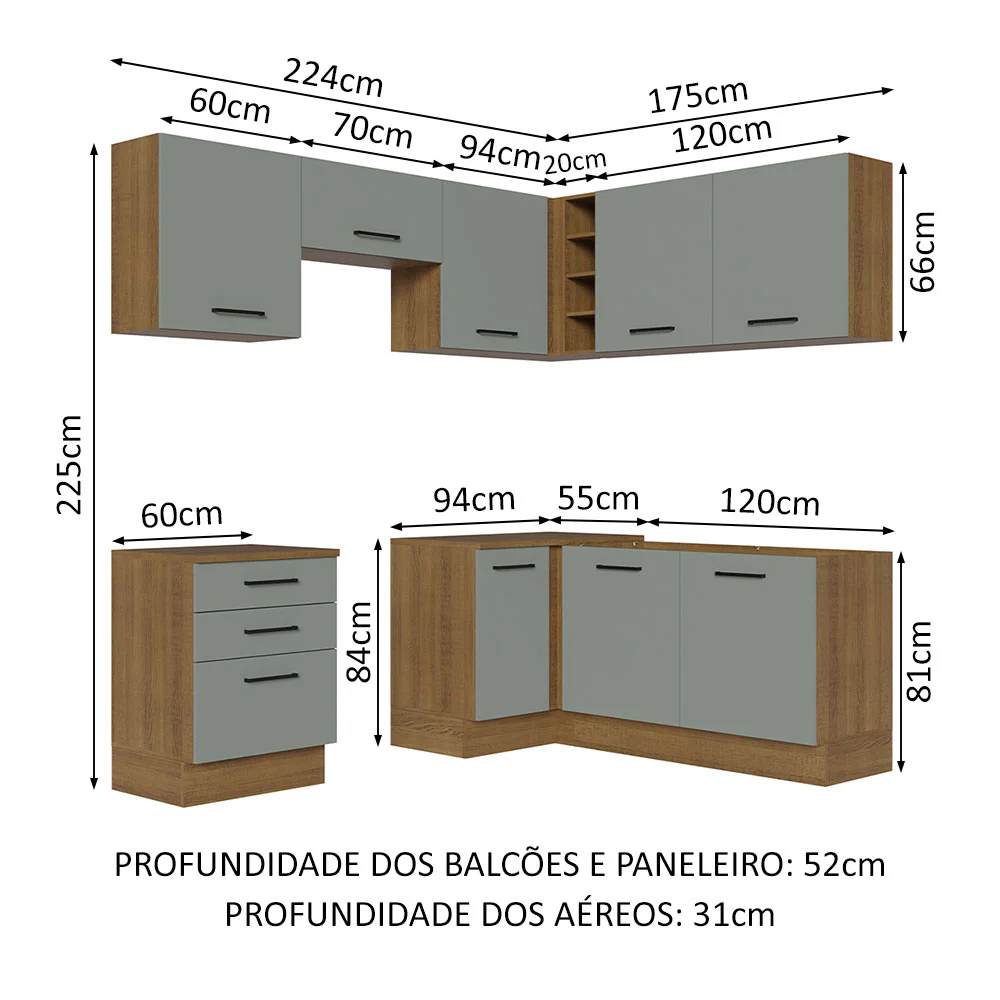Armário de Cozinha Completa de Canto 399cm Rustic Cinza Agata Madesa 02 - Image 3