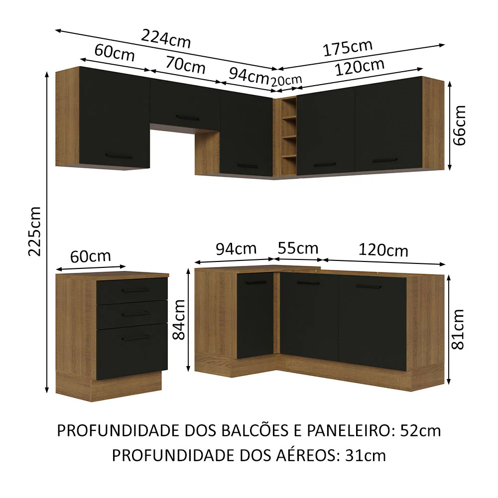 Armário de Cozinha Completa de Canto 399cm Rustic Preto Agata Madesa 02 - Image 3