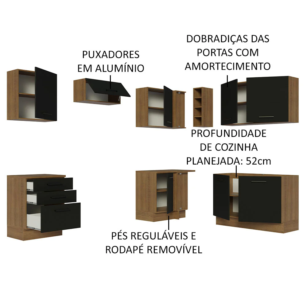 Armário de Cozinha Completa de Canto 399cm Rustic Preto Agata Madesa 02 - Image 4