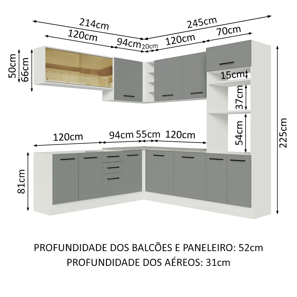 Armário de Cozinha Completa de Canto 459cm Branco Cinza Agata Madesa 01 - Image 3