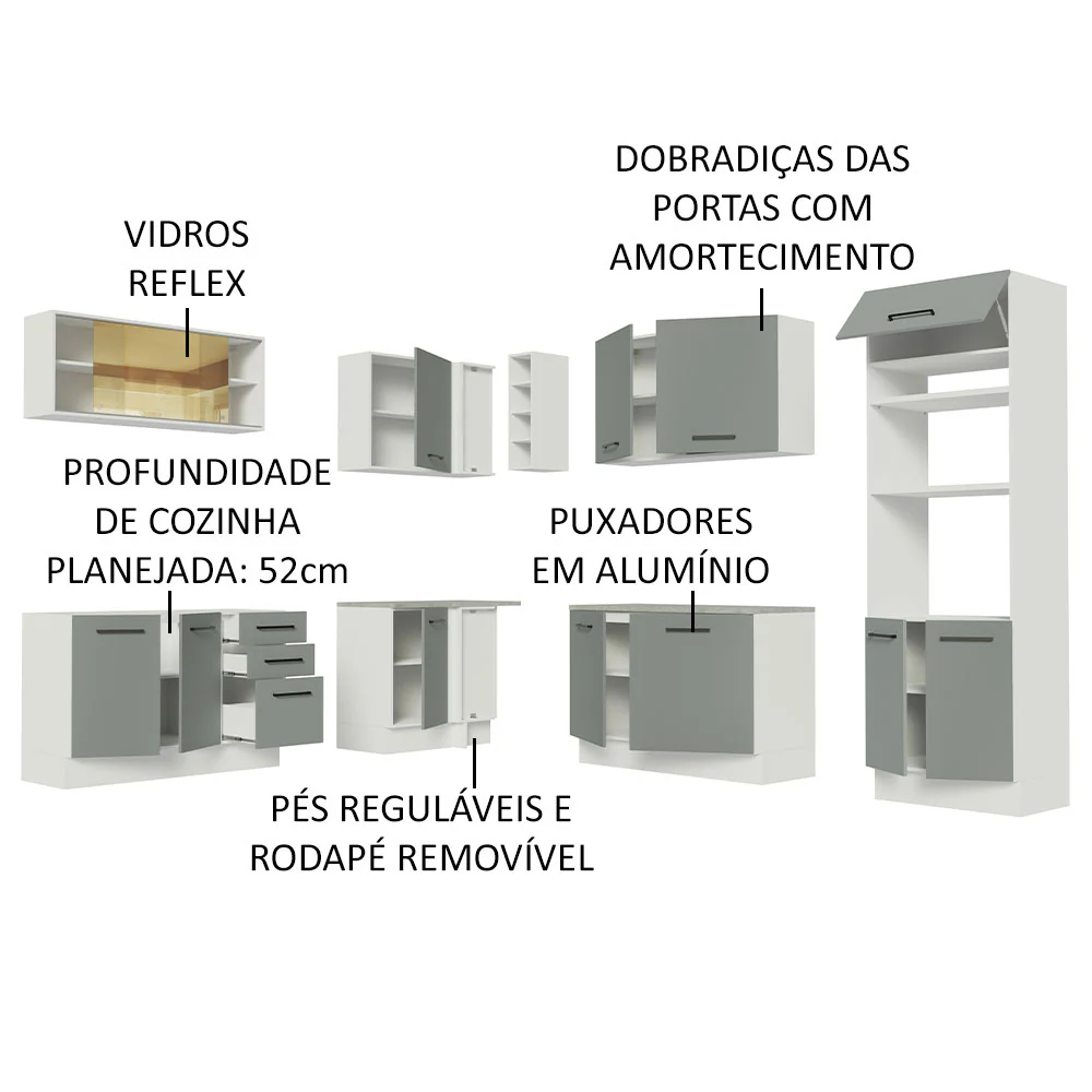 Armário de Cozinha Completa de Canto 459cm Branco Cinza Agata Madesa 01 - Image 4