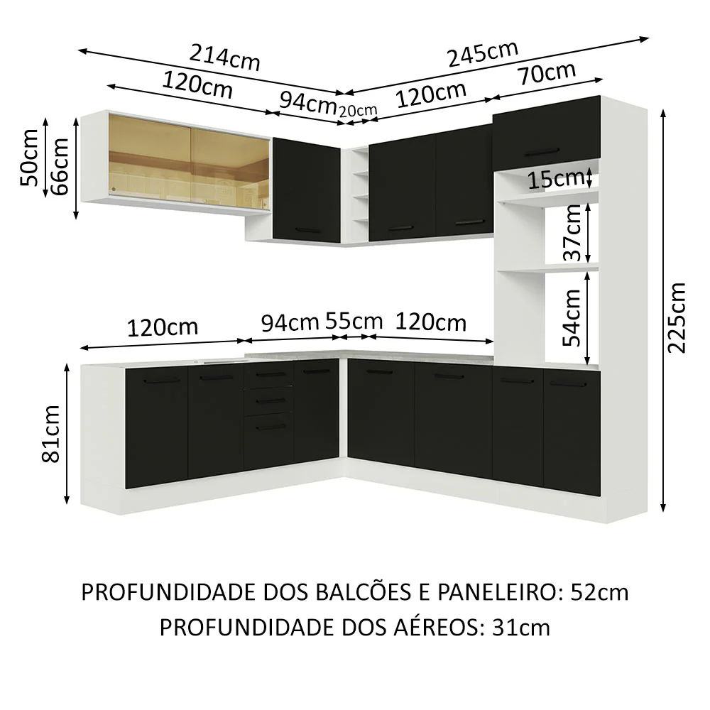 Armário de Cozinha Completa de Canto 459cm Branco Preto Agata Madesa 01 - Image 3