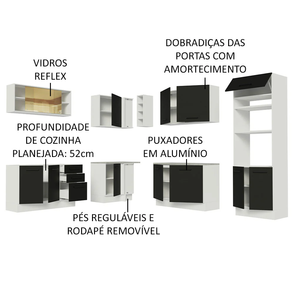 Armário de Cozinha Completa de Canto 459cm Branco Preto Agata Madesa 01 - Image 4