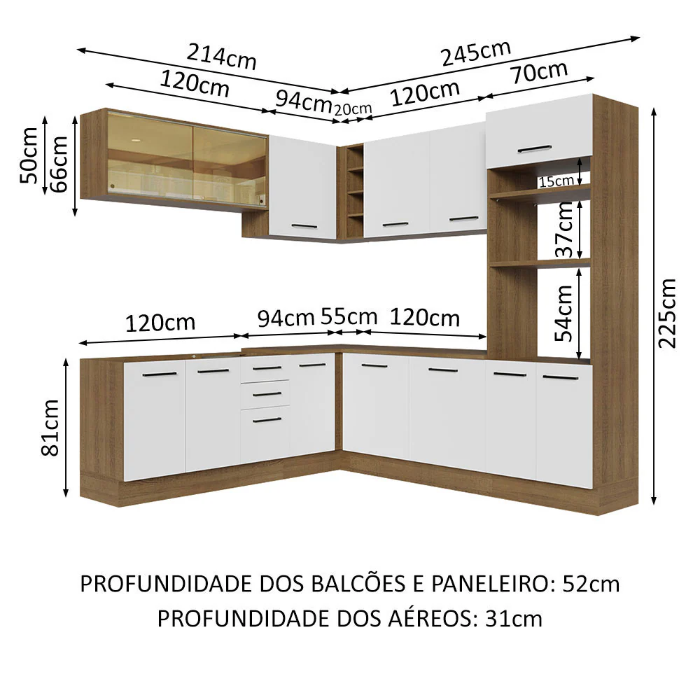 Armário de Cozinha Completa de Canto 459cm Rustic Branco Agata Madesa 01 - Image 3
