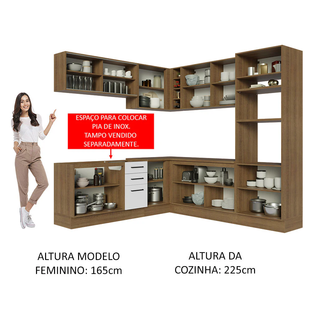Armário de Cozinha Completa de Canto 459cm Rustic Branco Agata Madesa 01 - Image 5