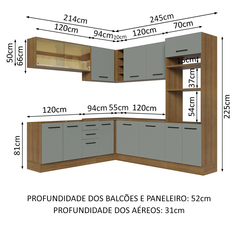 Armário de Cozinha Completa de Canto 459cm Rustic Cinza Agata Madesa 01 - Image 3