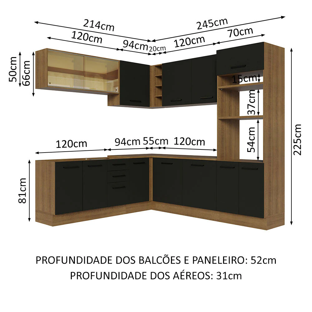 Armário de Cozinha Completa de Canto 459cm Rustic Preto Agata Madesa 01 - Image 3