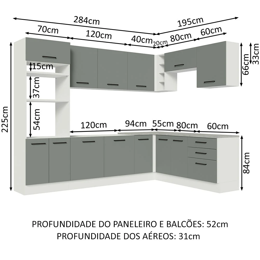 Armário de Cozinha Completa de Canto 479cm Branco Cinza Agata Madesa 01 - Image 3