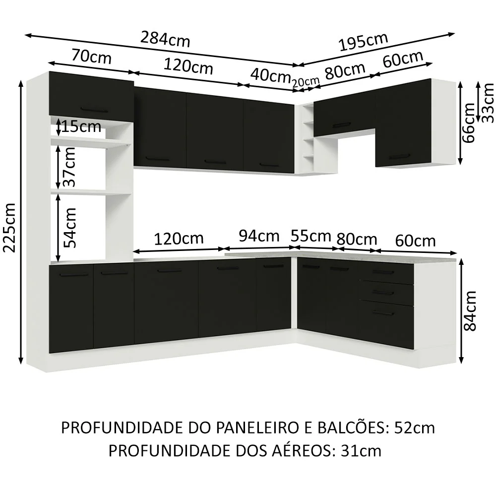 Armário de Cozinha Completa de Canto 479cm Branco Preto Agata Madesa 01 - Image 3