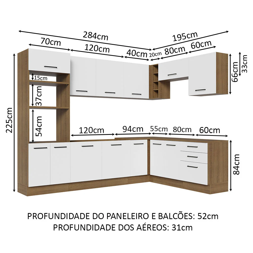 Armário de Cozinha Completa de Canto 479cm Rustic Branco Agata Madesa 01 - Image 3