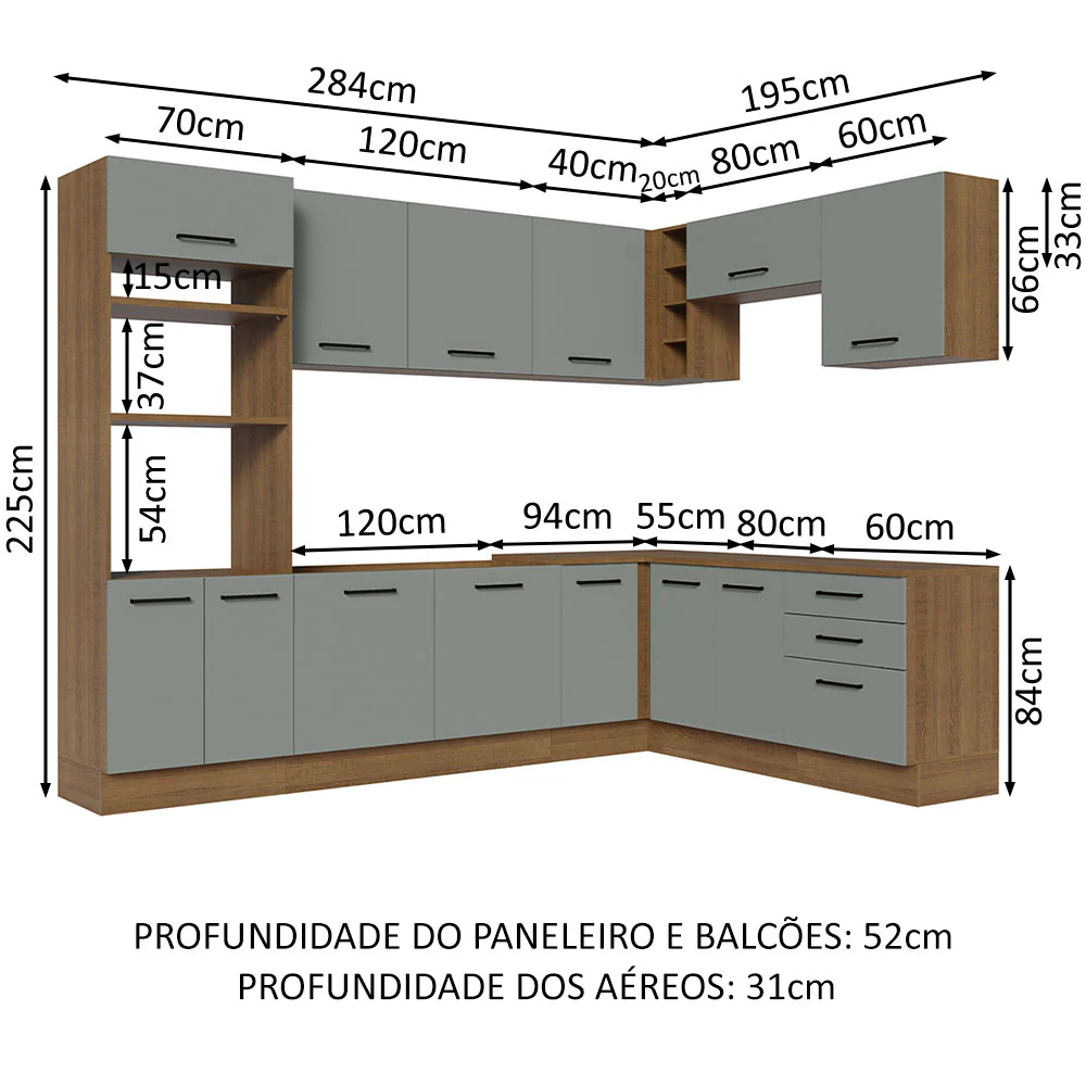 Armário de Cozinha Completa de Canto 479cm Rustic Cinza Agata Madesa 01 - Image 3