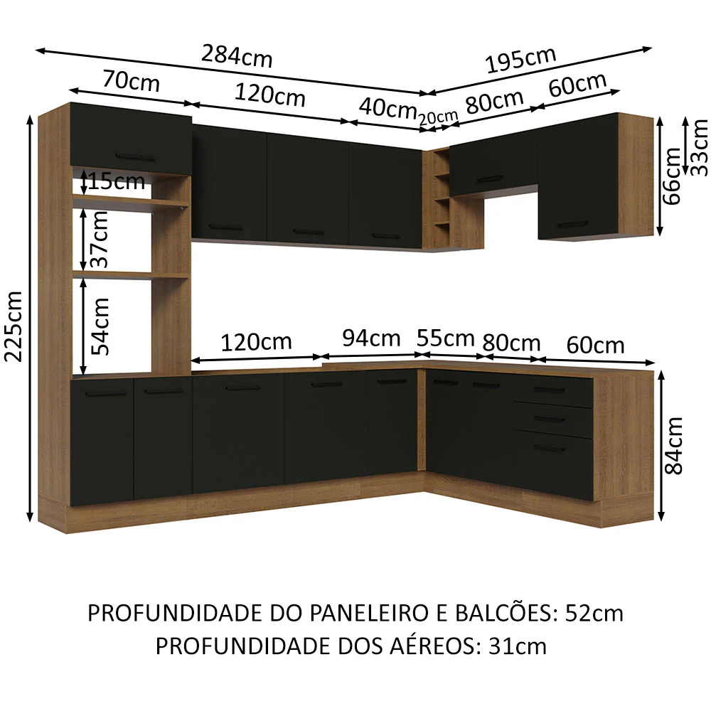 Armário de Cozinha Completa de Canto 479cm Rustic Preto Agata Madesa 01 - Image 3