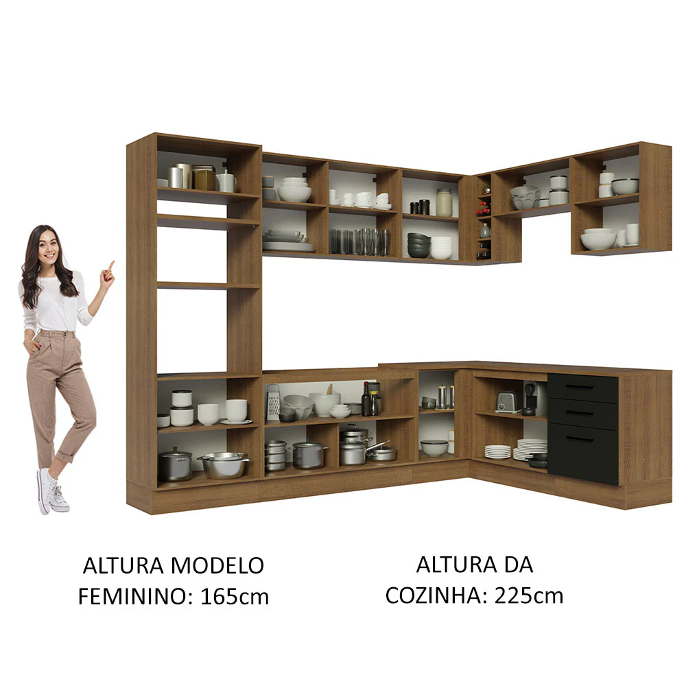 Armário de Cozinha Completa de Canto 479cm Rustic Preto Agata Madesa 01 - Image 5