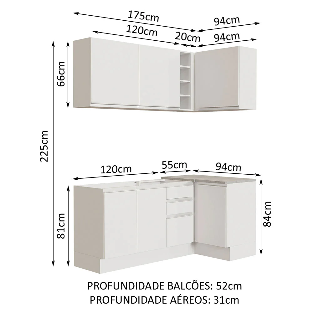 Armário de Cozinha Compacta de Canto 269cm Branco Glamy Madesa 01 - Image 3