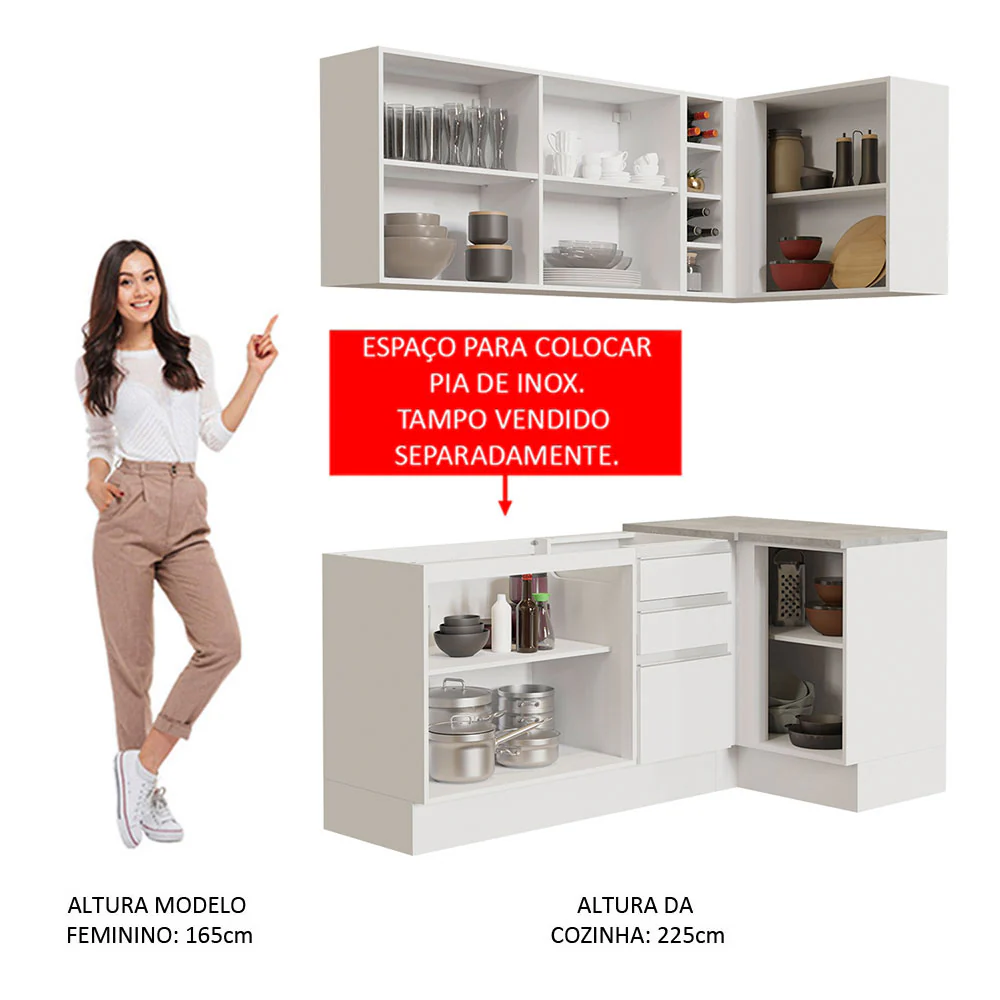 Armário de Cozinha Compacta de Canto 269cm Branco Glamy Madesa 01 - Image 6