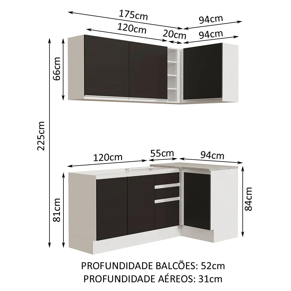 Armário de Cozinha Compacta de Canto 269cm Branco/Preto Glamy Madesa 01 - Image 3