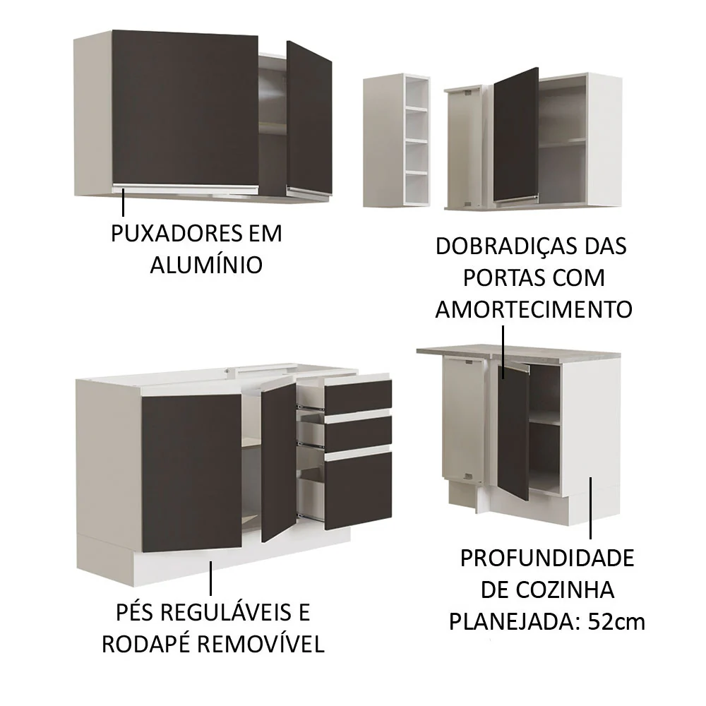 Armário de Cozinha Compacta de Canto 269cm Branco/Preto Glamy Madesa 01 - Image 5
