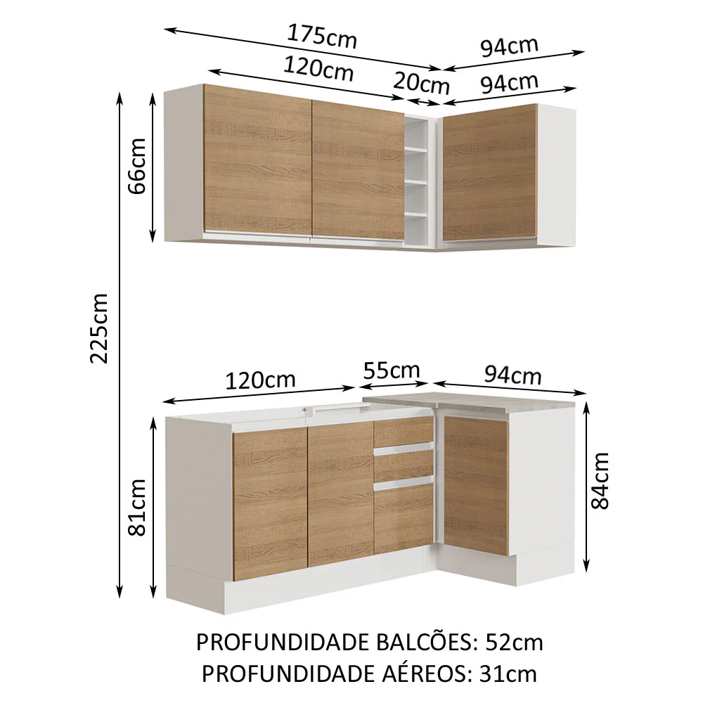 Armário de Cozinha Compacta de Canto 269cm Branco/Rustic Glamy Madesa 01 - Image 3