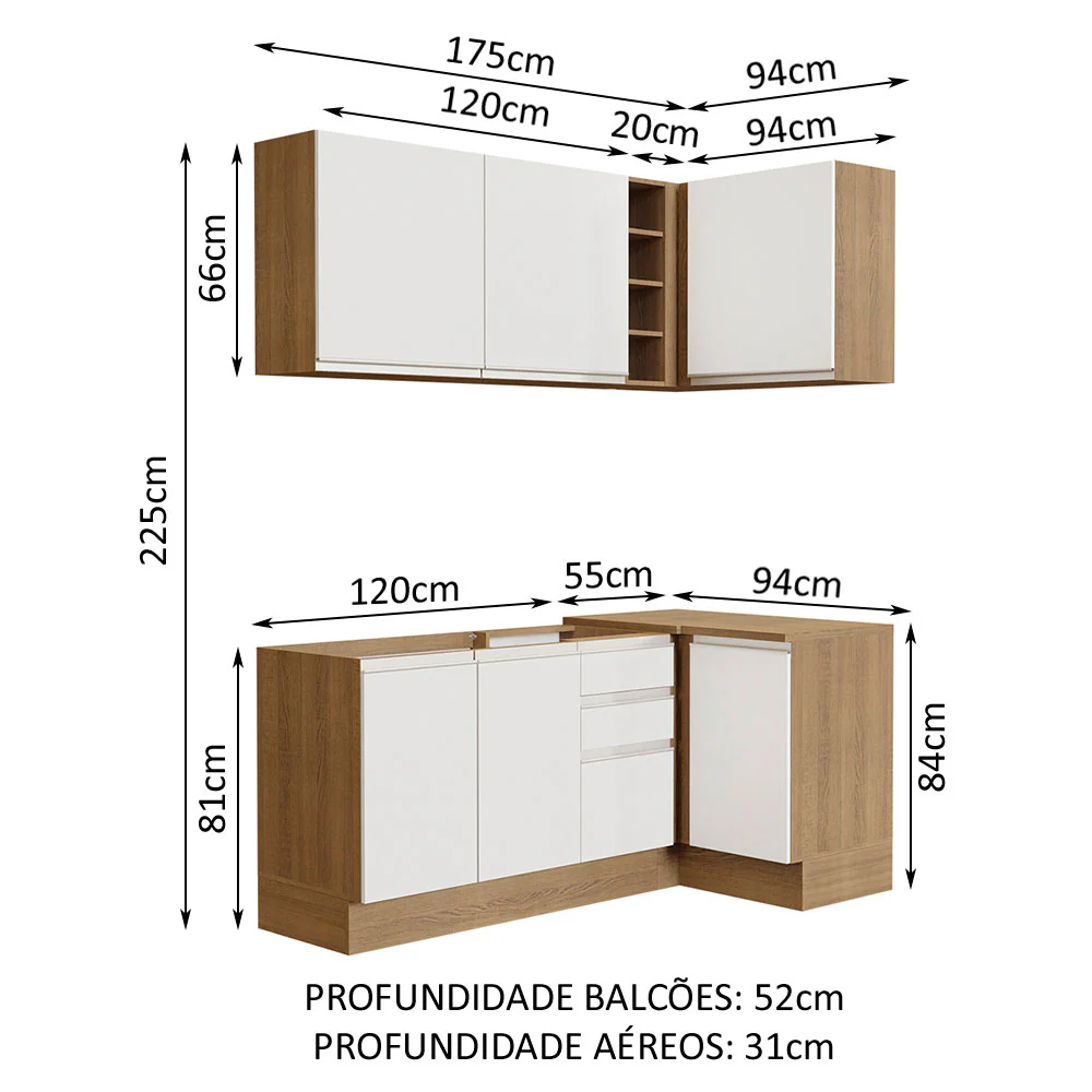 Armário de Cozinha Compacta de Canto 269cm Rustic/Branco Glamy Madesa 01 - Image 3