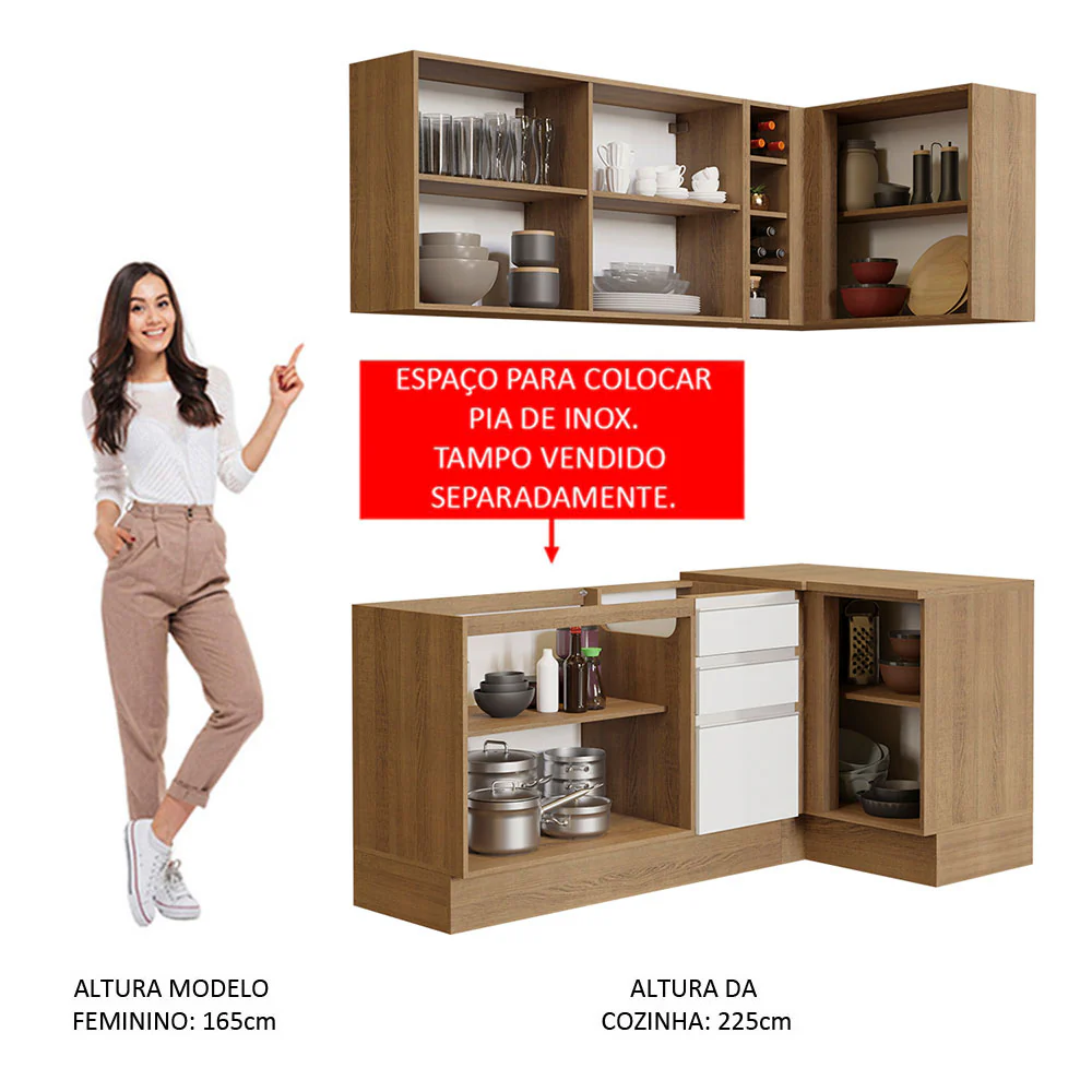 Armário de Cozinha Compacta de Canto 269cm Rustic/Branco Glamy Madesa 01 - Image 6