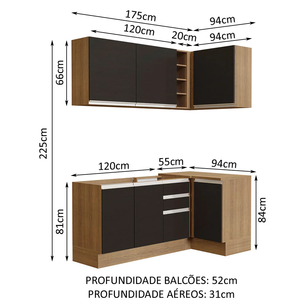 Armário de Cozinha Compacta de Canto 269cm Rustic/Preto Glamy Madesa 01 - Image 3