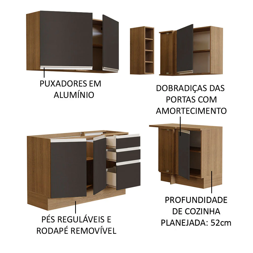 Armário de Cozinha Compacta de Canto 269cm Rustic/Preto Glamy Madesa 01 - Image 5