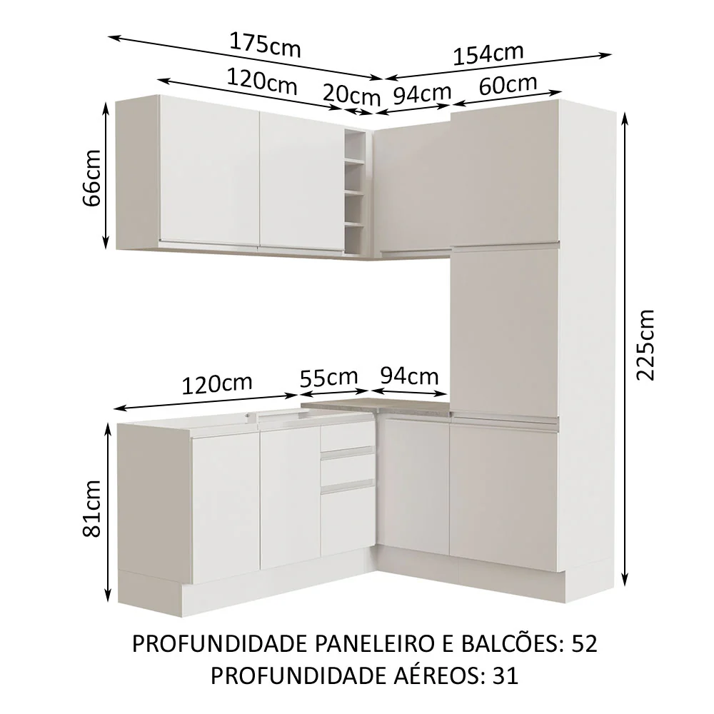 Armário de Cozinha Completa de Canto 329cm Branco Glamy Madesa 01 - Image 3