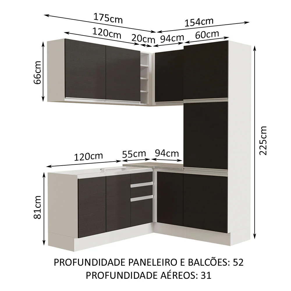 Armário de Cozinha Completa de Canto 329cm Branco Preto Glamy Madesa 01 - Image 3