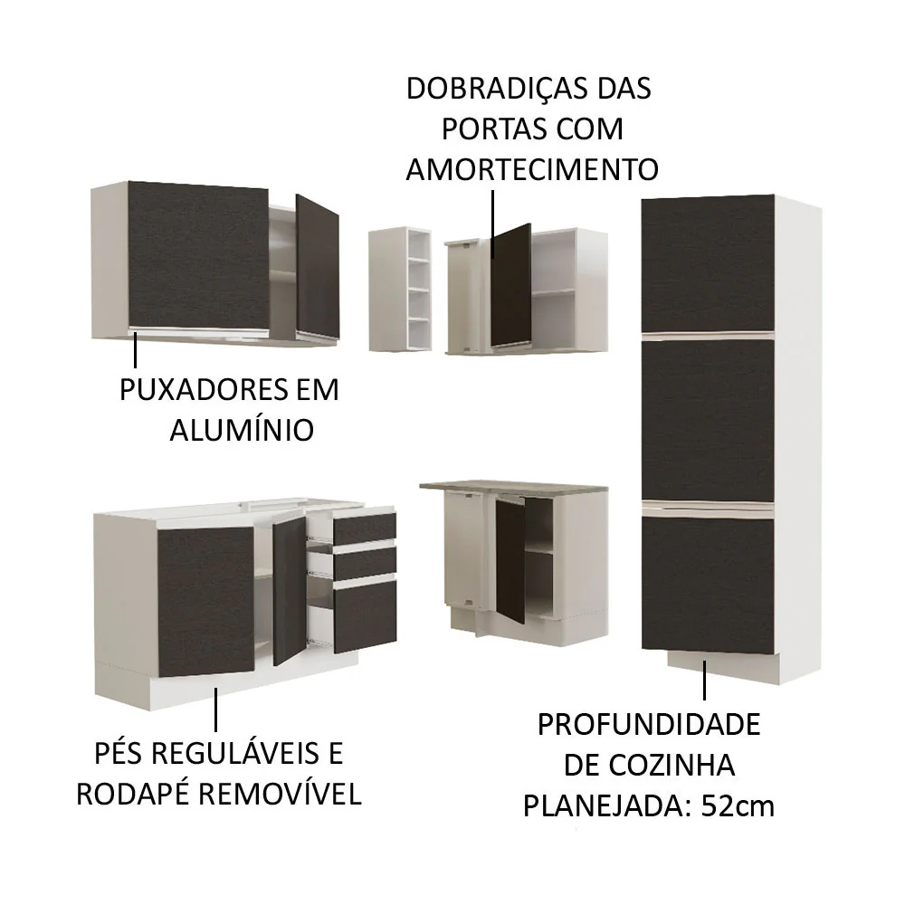 Armário de Cozinha Completa de Canto 329cm Branco Preto Glamy Madesa 01 - Image 4