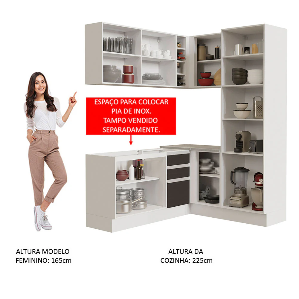Armário de Cozinha Completa de Canto 329cm Branco Preto Glamy Madesa 01 - Image 5