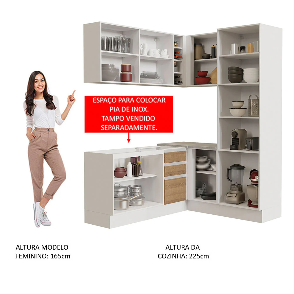 Armário de Cozinha Completa de Canto 329cm Branco Rustic Glamy Madesa 01 - Image 5