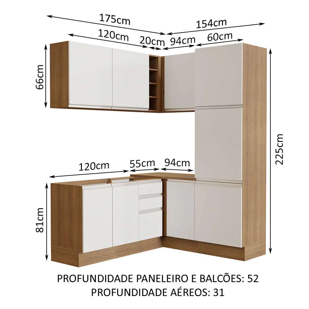 Armário de Cozinha Completa de Canto 329cm Rustic Branco Glamy Madesa 01 - Image 3