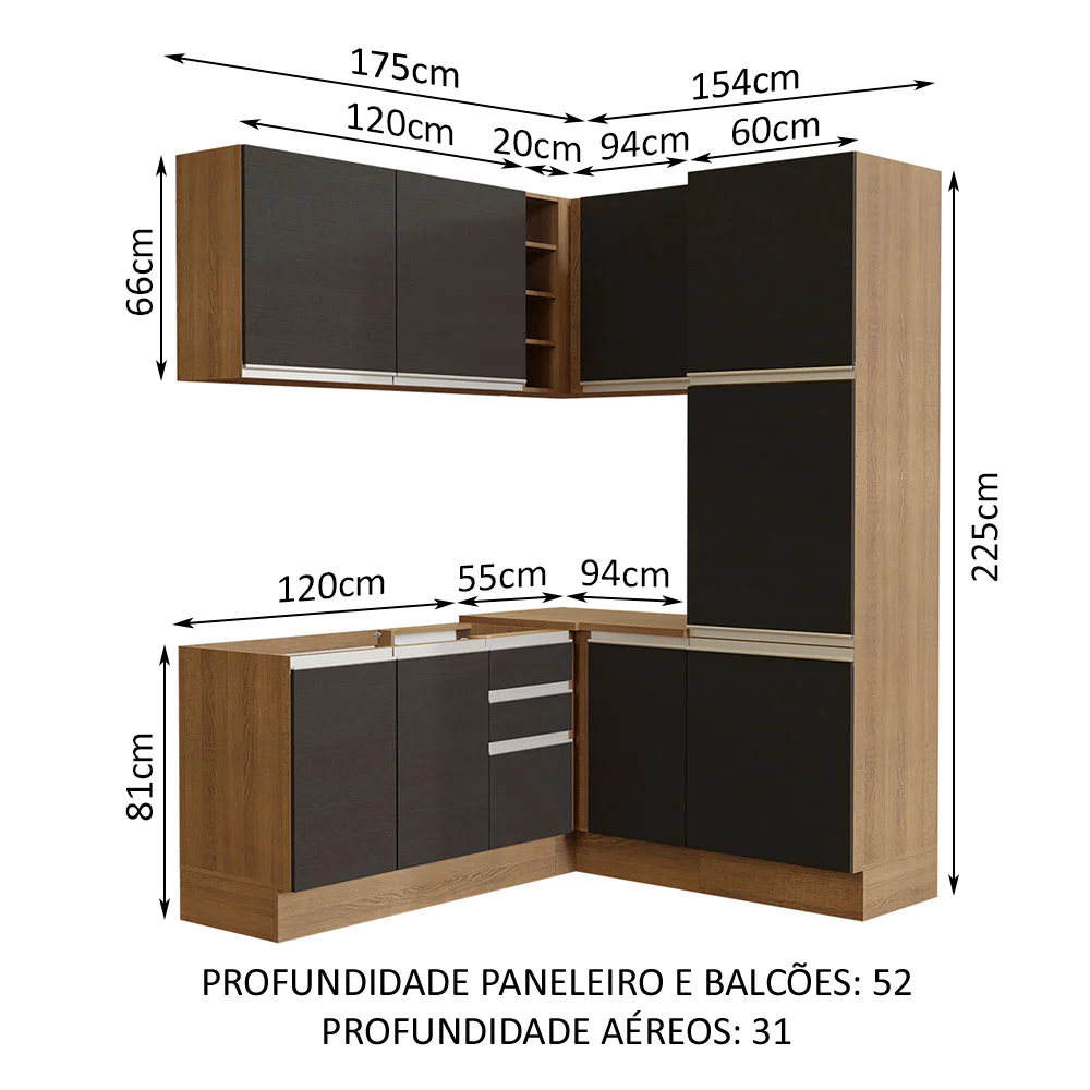 Armário de Cozinha Completa de Canto 329cm Rustic Preto Glamy Madesa 01 - Image 3